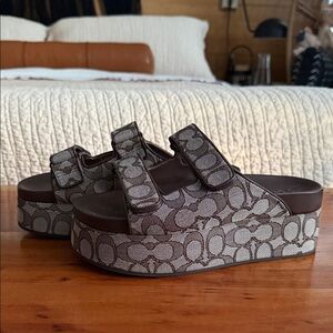 Coach Signature Brown Canvas Platform Slide Sandals
